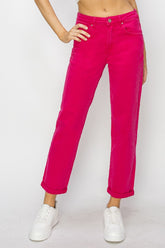 RISEN Women's Comfortable High Waist Rolled Hem Straight Jeans - Stretch Denim